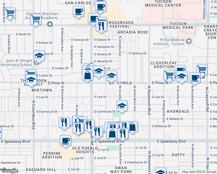 map of restaurants, bars, coffee shops, grocery stores, and more near 4791 East Joslyn Heights Place in Tucson
