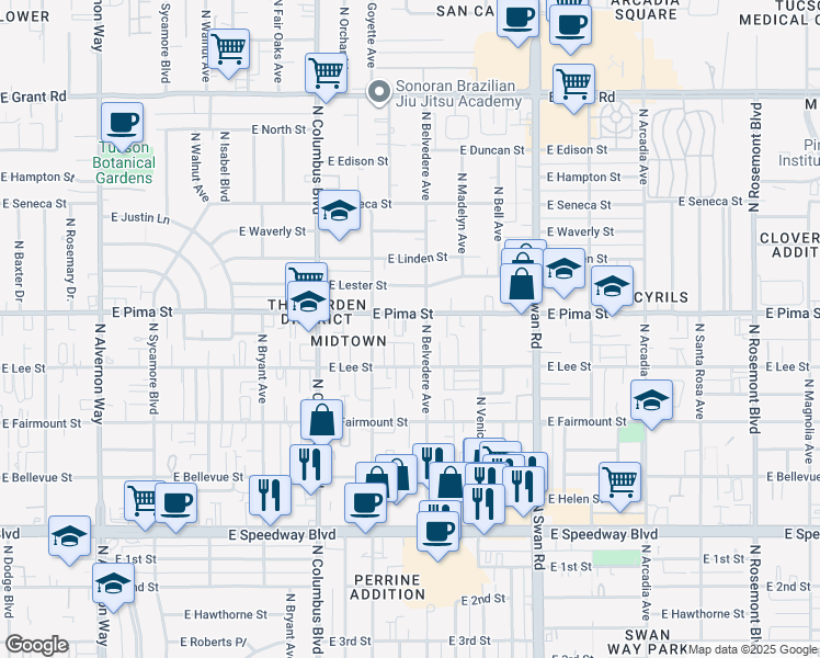 map of restaurants, bars, coffee shops, grocery stores, and more near 4449 East Lee Street in Tucson