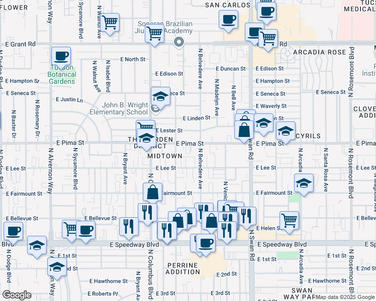 map of restaurants, bars, coffee shops, grocery stores, and more near 4449 East Lee Street in Tucson