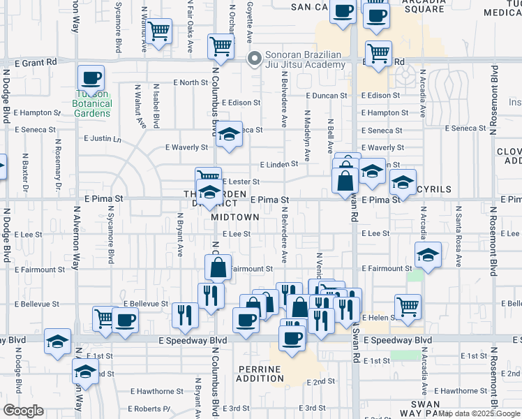 map of restaurants, bars, coffee shops, grocery stores, and more near 4449 East Lee Street in Tucson
