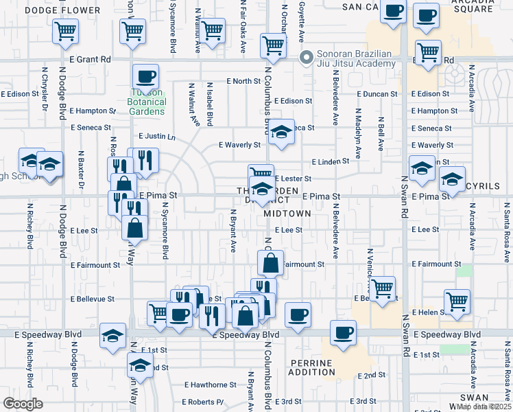 map of restaurants, bars, coffee shops, grocery stores, and more near 4232 East Pima Street in Tucson