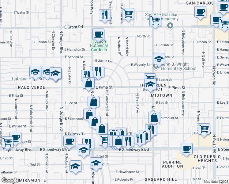map of restaurants, bars, coffee shops, grocery stores, and more near 4034 East Pima Street in Tucson