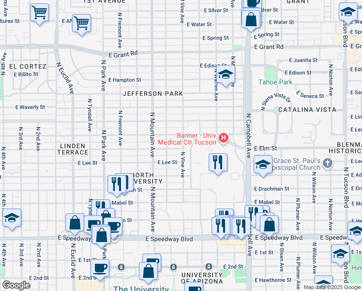 map of restaurants, bars, coffee shops, grocery stores, and more near 1428 East Elm Street in Tucson