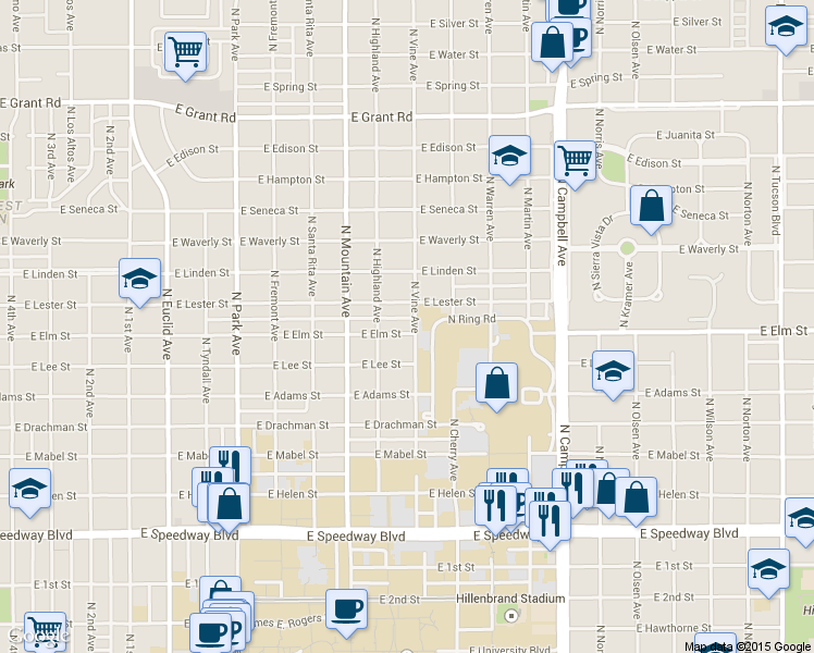 map of restaurants, bars, coffee shops, grocery stores, and more near 1428 East Elm Street in Tucson