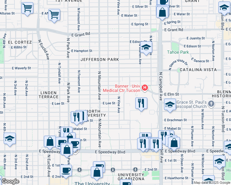 map of restaurants, bars, coffee shops, grocery stores, and more near 1428 East Elm Street in Tucson