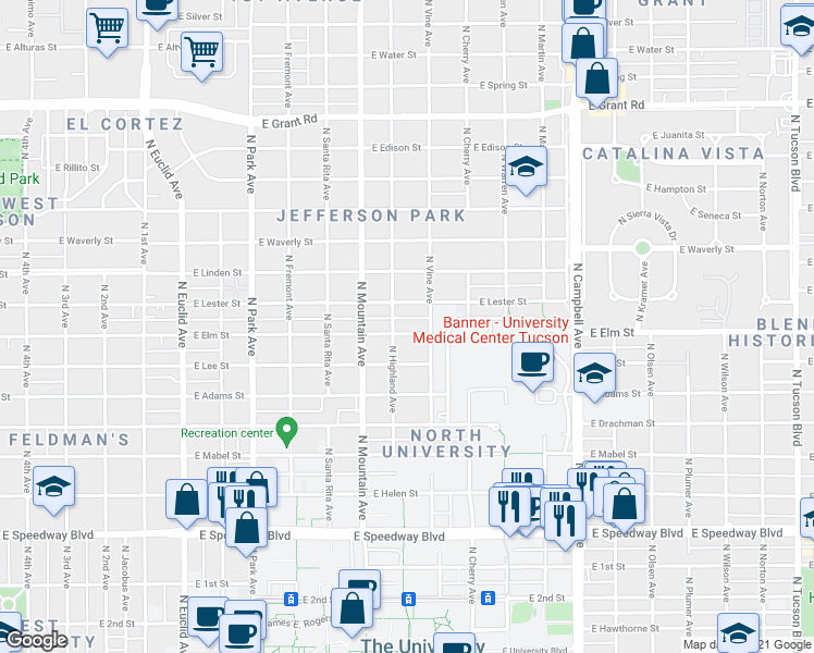 map of restaurants, bars, coffee shops, grocery stores, and more near 1428 East Elm Street in Tucson