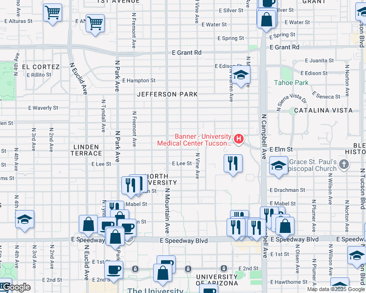 map of restaurants, bars, coffee shops, grocery stores, and more near 1428 East Elm Street in Tucson
