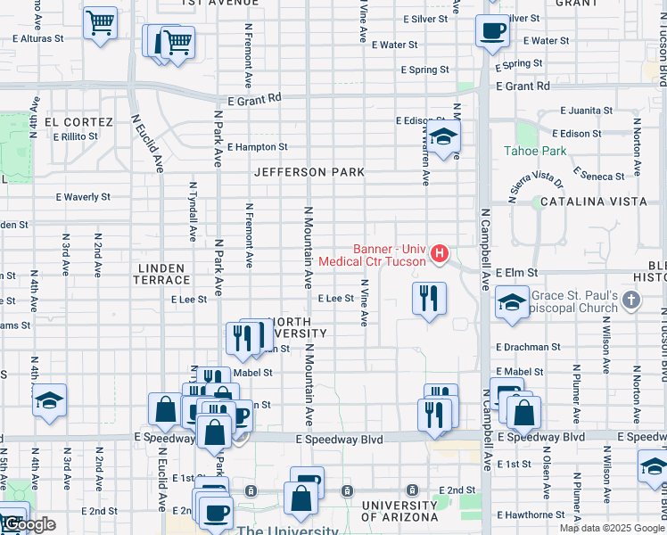 map of restaurants, bars, coffee shops, grocery stores, and more near 1310 East Elm Street in Tucson