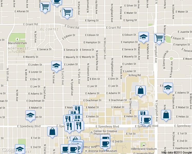 map of restaurants, bars, coffee shops, grocery stores, and more near 1204 East Elm Street in Tucson