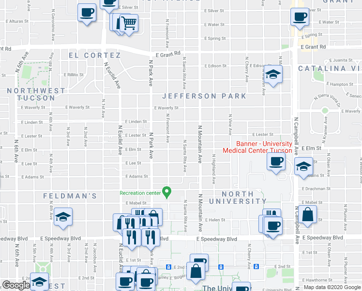 map of restaurants, bars, coffee shops, grocery stores, and more near 1204 East Elm Street in Tucson