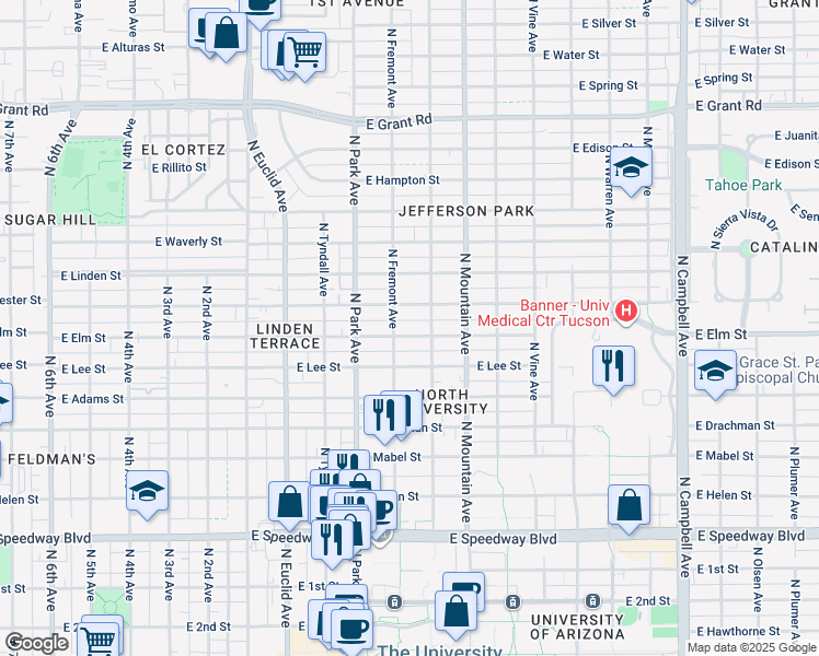 map of restaurants, bars, coffee shops, grocery stores, and more near 1636 North Fremont Avenue in Tucson