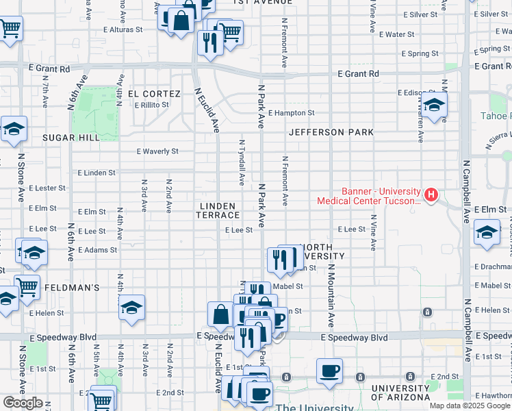 map of restaurants, bars, coffee shops, grocery stores, and more near 1002 East Elm Street in Tucson