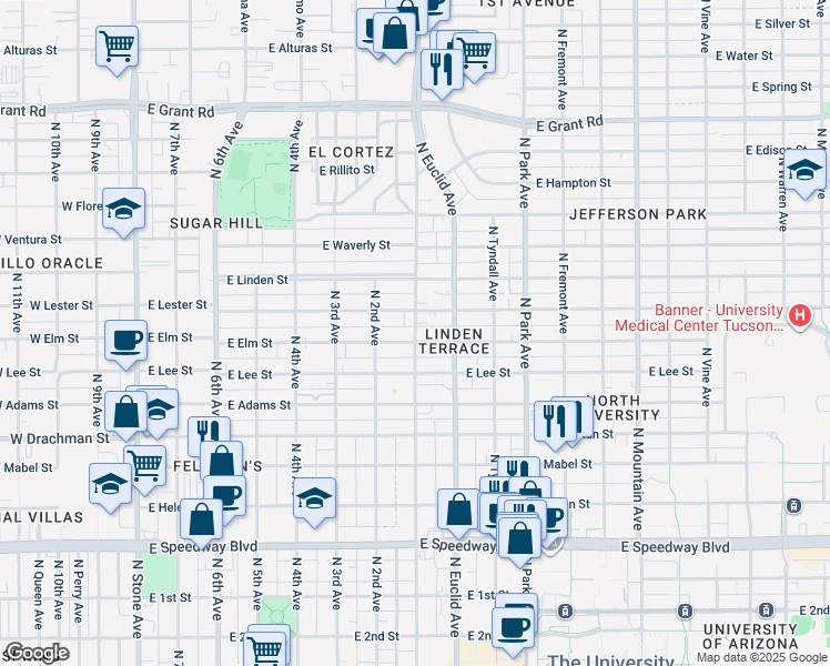 map of restaurants, bars, coffee shops, grocery stores, and more near 1648 North 1st Avenue in Tucson