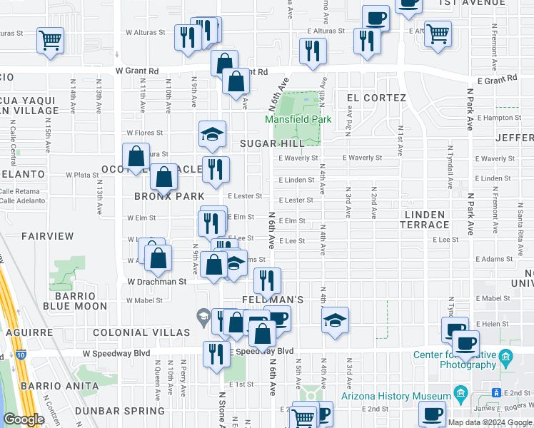 map of restaurants, bars, coffee shops, grocery stores, and more near 202 East Elm Street in Tucson