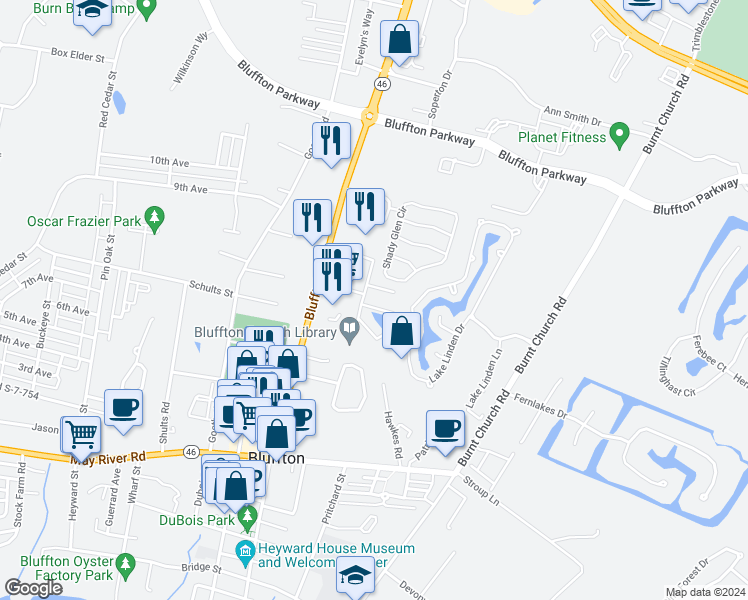 map of restaurants, bars, coffee shops, grocery stores, and more near 15b Cassandra Lane in Bluffton