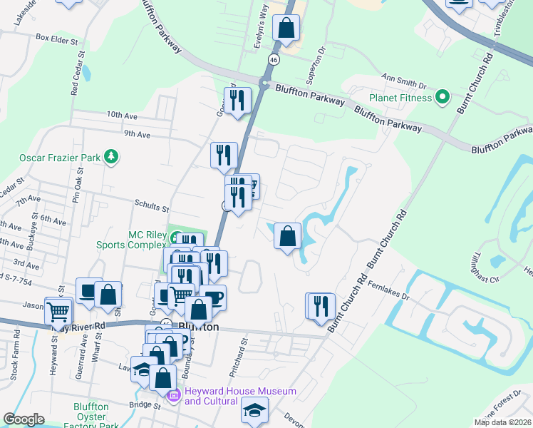 map of restaurants, bars, coffee shops, grocery stores, and more near 15b Cassandra Lane in Bluffton