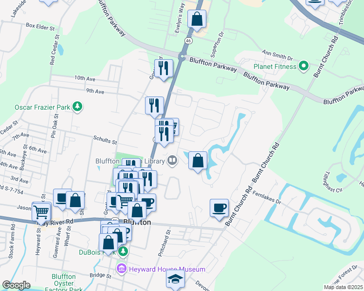 map of restaurants, bars, coffee shops, grocery stores, and more near 15b Cassandra Lane in Bluffton