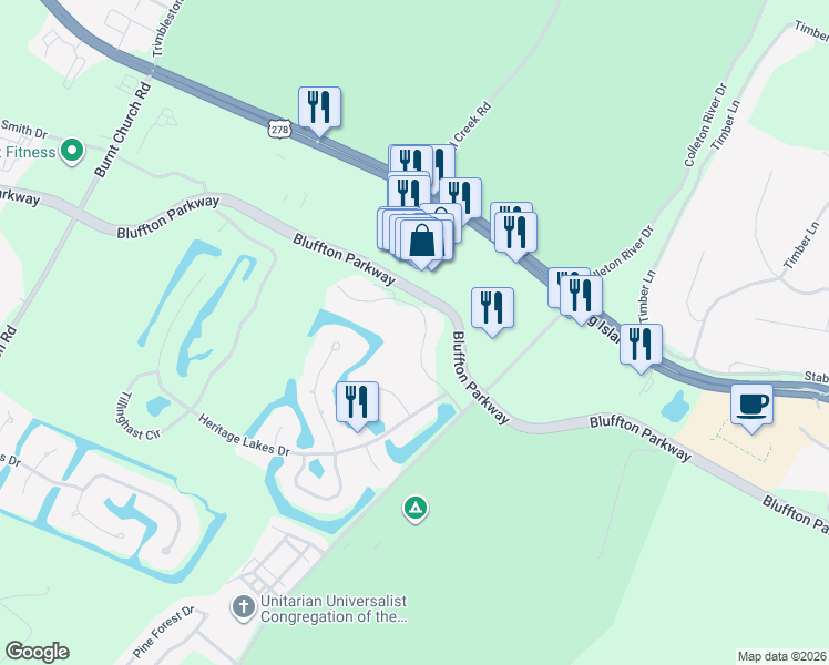 map of restaurants, bars, coffee shops, grocery stores, and more near 15 Mulrain Way in Bluffton