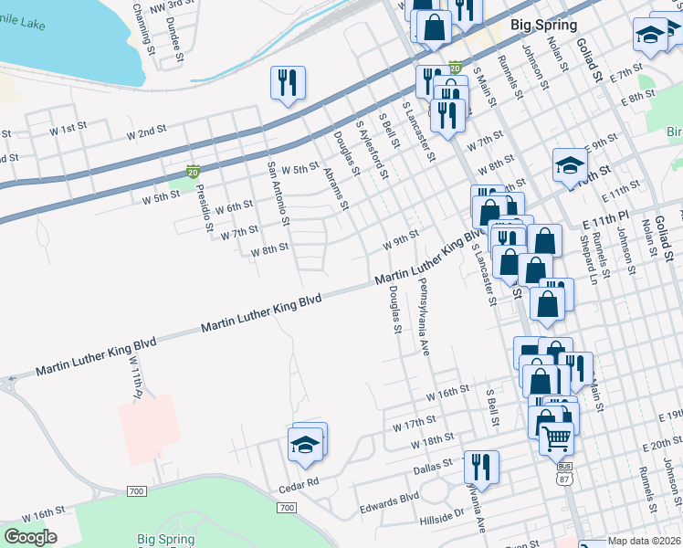 map of restaurants, bars, coffee shops, grocery stores, and more near 903 Magnolia Avenue in Big Spring