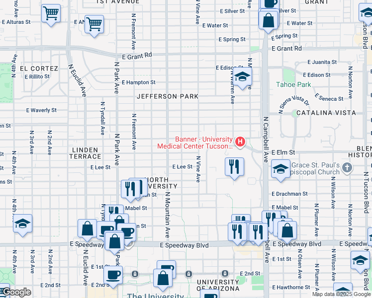 map of restaurants, bars, coffee shops, grocery stores, and more near 1428 East Elm Street in Tucson