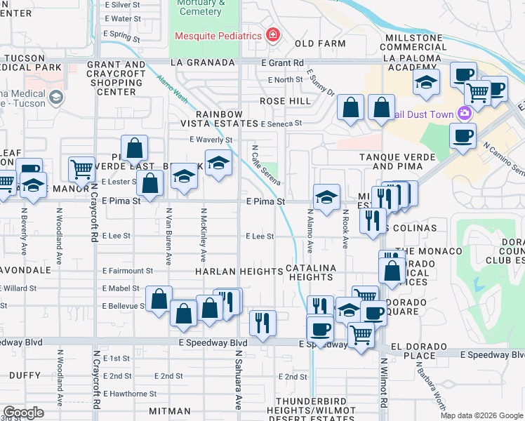 map of restaurants, bars, coffee shops, grocery stores, and more near 1631 North Sonoita Avenue in Tucson