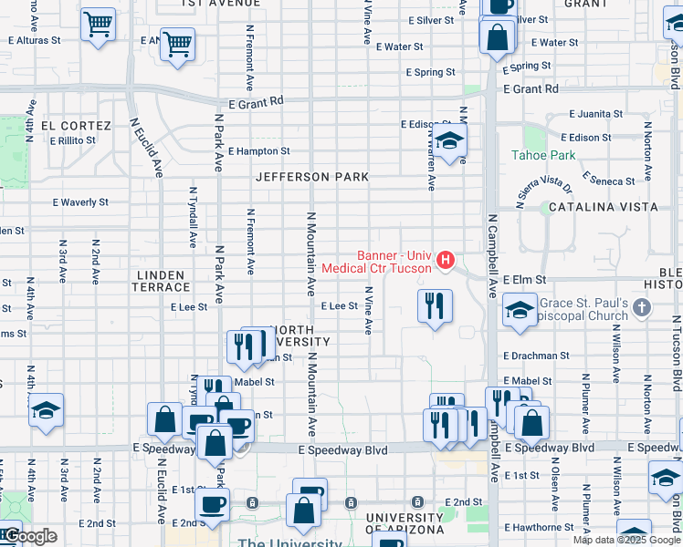 map of restaurants, bars, coffee shops, grocery stores, and more near 1704 North Highland Avenue in Tucson