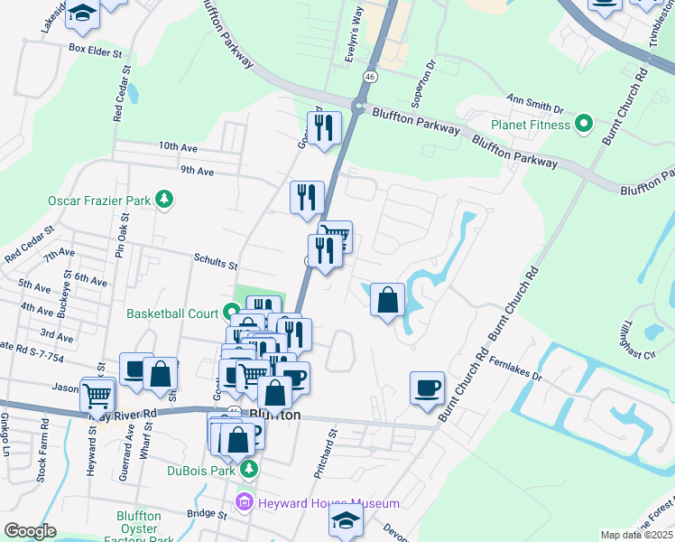 map of restaurants, bars, coffee shops, grocery stores, and more near 14 Johnston Way in Bluffton