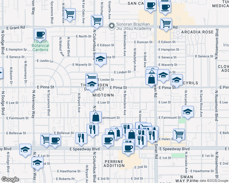 map of restaurants, bars, coffee shops, grocery stores, and more near 4449 East Lee Street in Tucson