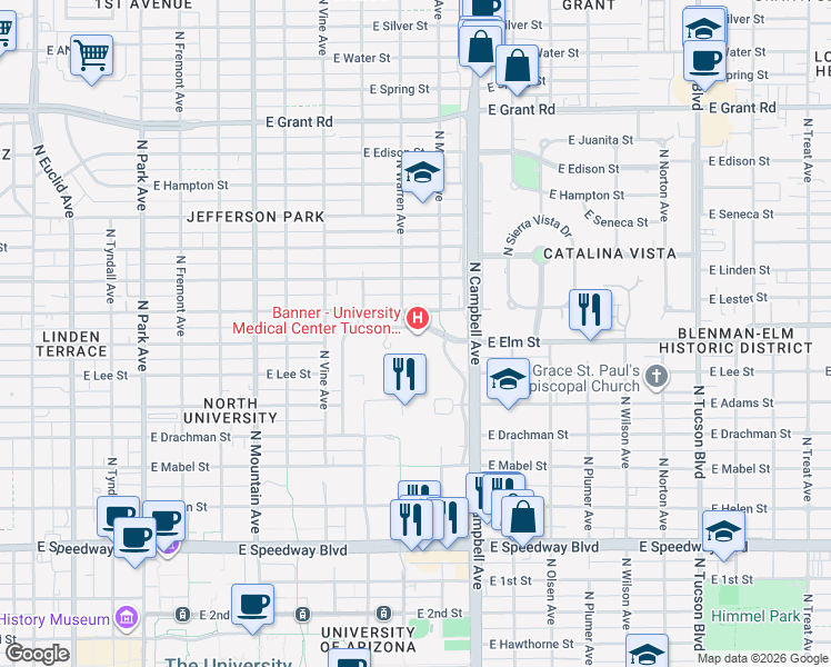 map of restaurants, bars, coffee shops, grocery stores, and more near 1690 North Warren Avenue in Tucson
