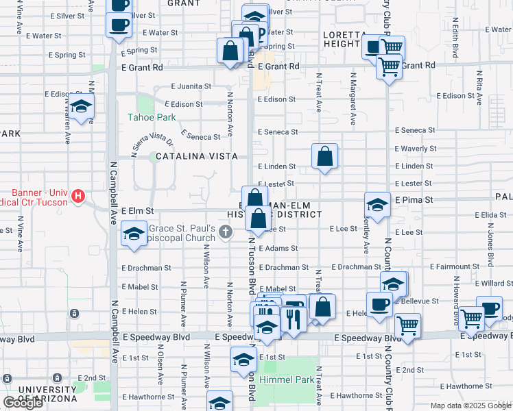map of restaurants, bars, coffee shops, grocery stores, and more near 1601 North Tucson Boulevard in Tucson