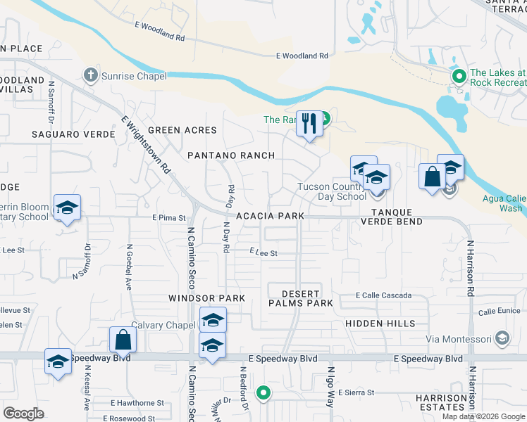 map of restaurants, bars, coffee shops, grocery stores, and more near 8953 East Wright School Loop in Tucson