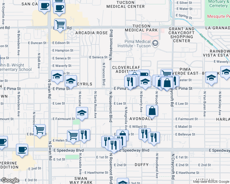 map of restaurants, bars, coffee shops, grocery stores, and more near 1631 North Sarah Place in Tucson