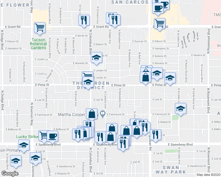 map of restaurants, bars, coffee shops, grocery stores, and more near 4449 East Lee Street in Tucson