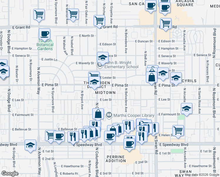 map of restaurants, bars, coffee shops, grocery stores, and more near 1619 North Catalina Avenue in Tucson