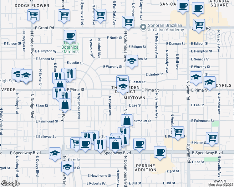 map of restaurants, bars, coffee shops, grocery stores, and more near 4232 East Pima Street in Tucson