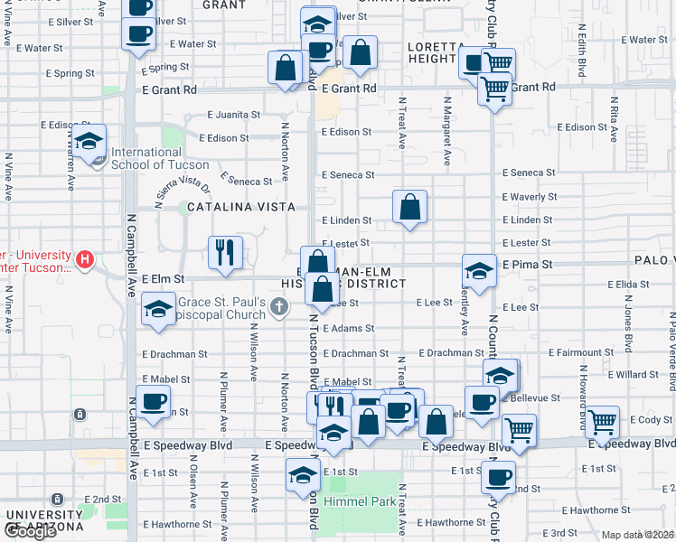 map of restaurants, bars, coffee shops, grocery stores, and more near in Tucson