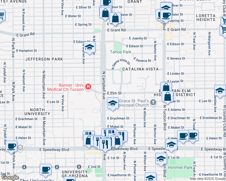 map of restaurants, bars, coffee shops, grocery stores, and more near 1940 East Elm Street in Tucson