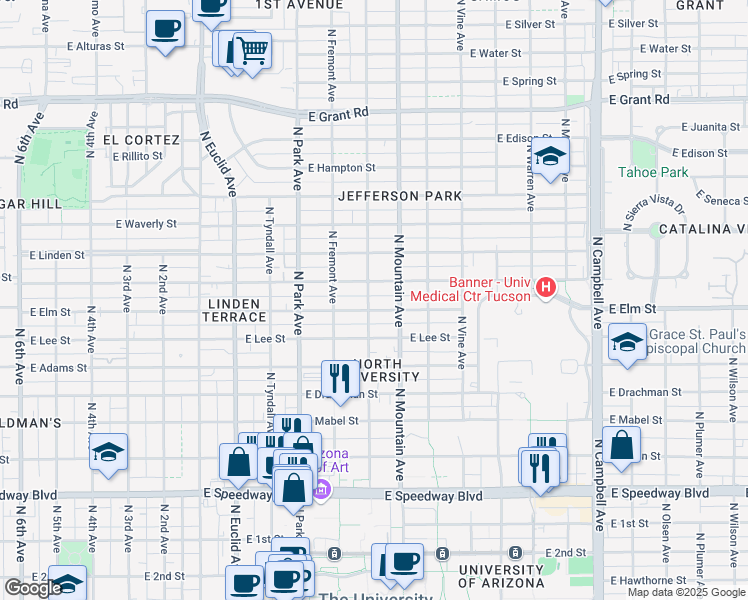 map of restaurants, bars, coffee shops, grocery stores, and more near 1204 East Elm Street in Tucson