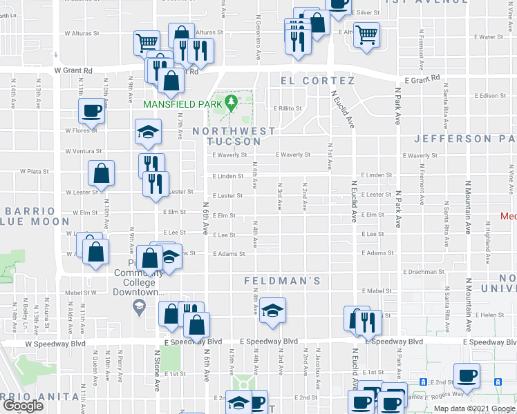 map of restaurants, bars, coffee shops, grocery stores, and more near 402 East Elm Street in Tucson