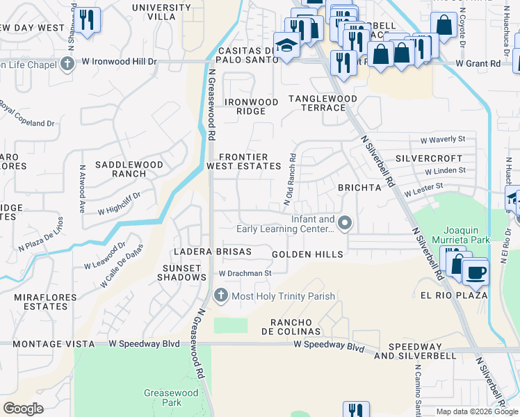 map of restaurants, bars, coffee shops, grocery stores, and more near 2386 West Paine Trail in Tucson