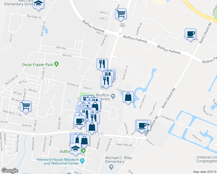 map of restaurants, bars, coffee shops, grocery stores, and more near 163 Bluffton Road in Bluffton