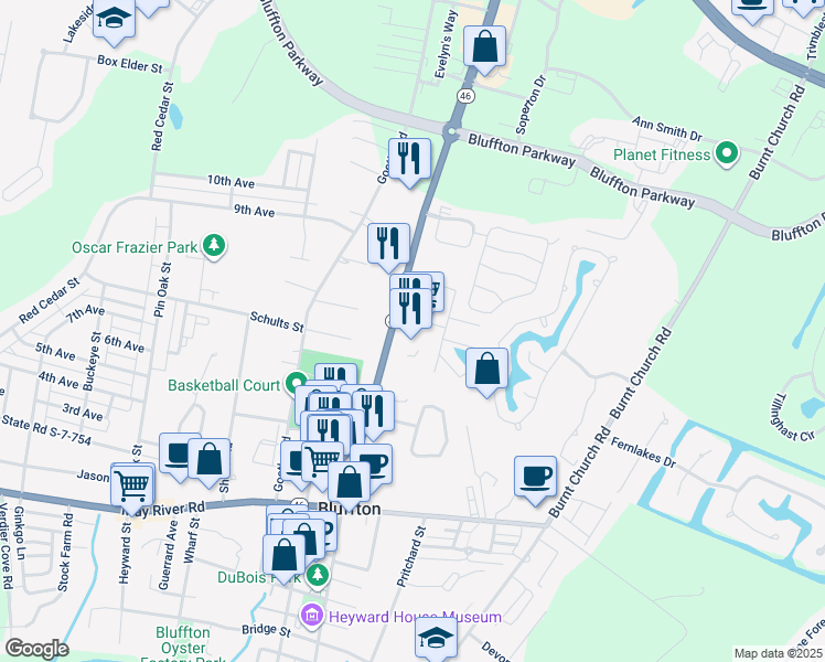 map of restaurants, bars, coffee shops, grocery stores, and more near 10 Johnston Way in Bluffton