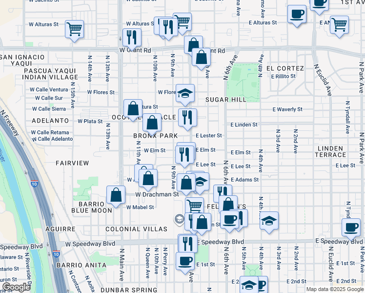 map of restaurants, bars, coffee shops, grocery stores, and more near 28 West Elm Street in Tucson