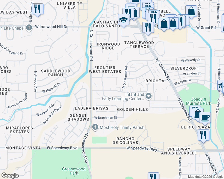 map of restaurants, bars, coffee shops, grocery stores, and more near 2386 West Paine Trail in Tucson