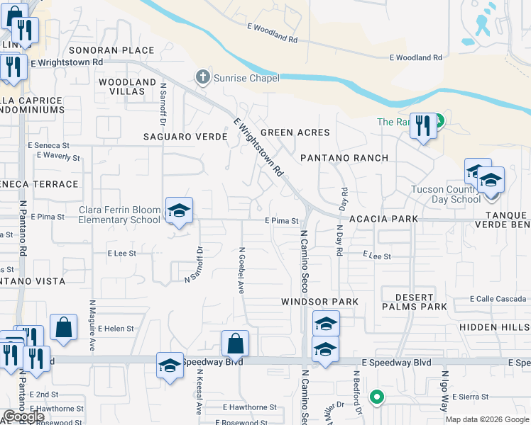 map of restaurants, bars, coffee shops, grocery stores, and more near 8532 East Pima Street in Tucson