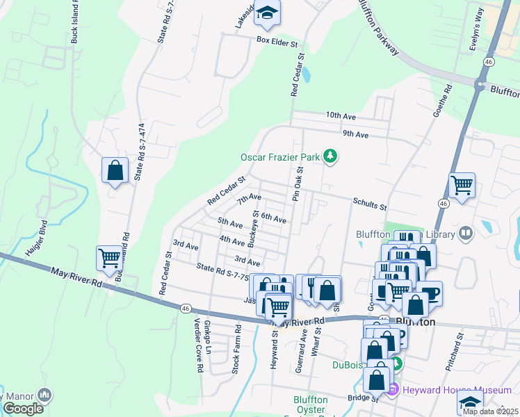 map of restaurants, bars, coffee shops, grocery stores, and more near 84 Buckeye Street in Bluffton