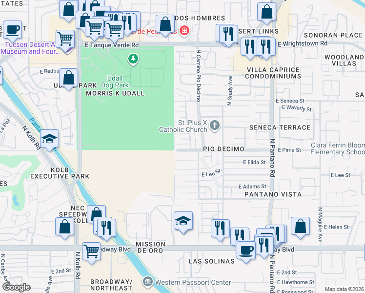 map of restaurants, bars, coffee shops, grocery stores, and more near 7512 East Pima Street in Tucson