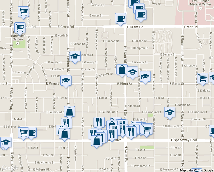 map of restaurants, bars, coffee shops, grocery stores, and more near 1633 North Venice Avenue in Tucson