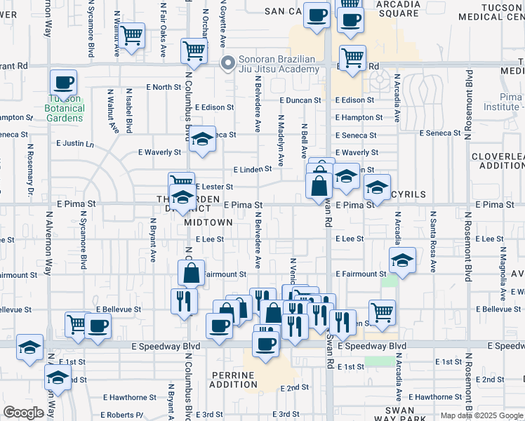 map of restaurants, bars, coffee shops, grocery stores, and more near 1622 North Belvedere Avenue in Tucson