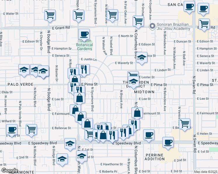 map of restaurants, bars, coffee shops, grocery stores, and more near 4048 East Harley Street in Tucson